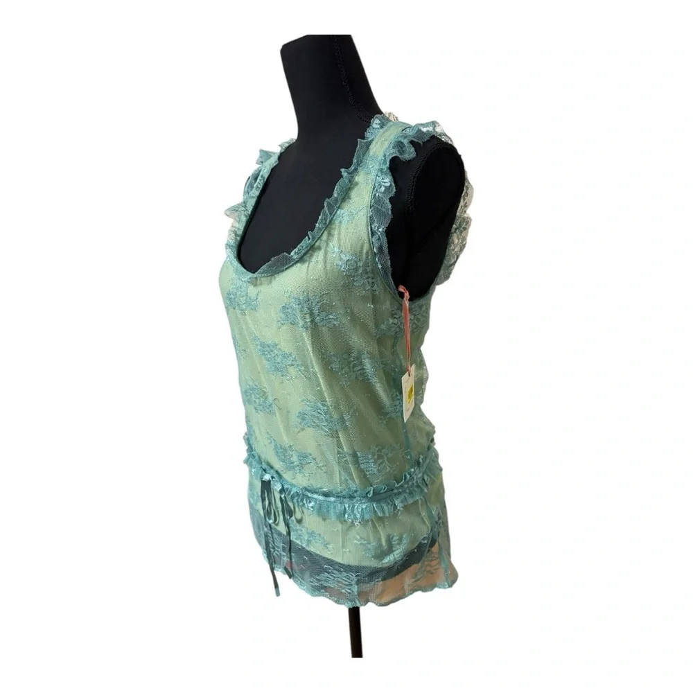 Intuition NWT Green/Blue Ruffled Lace Tie Front Sleeveless Tank Top Size Small - Picture 4 of 6